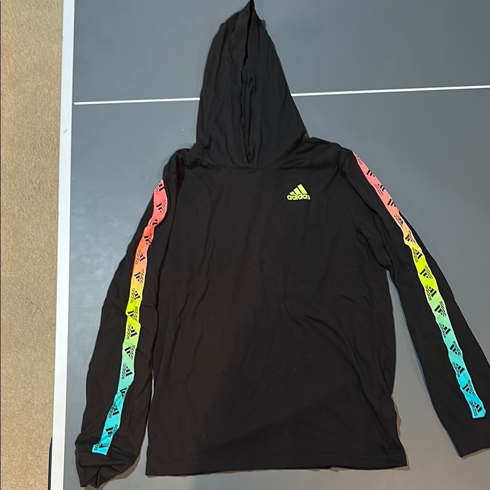 Adidas Kids Black Hoodie with Multicolor Sleeves